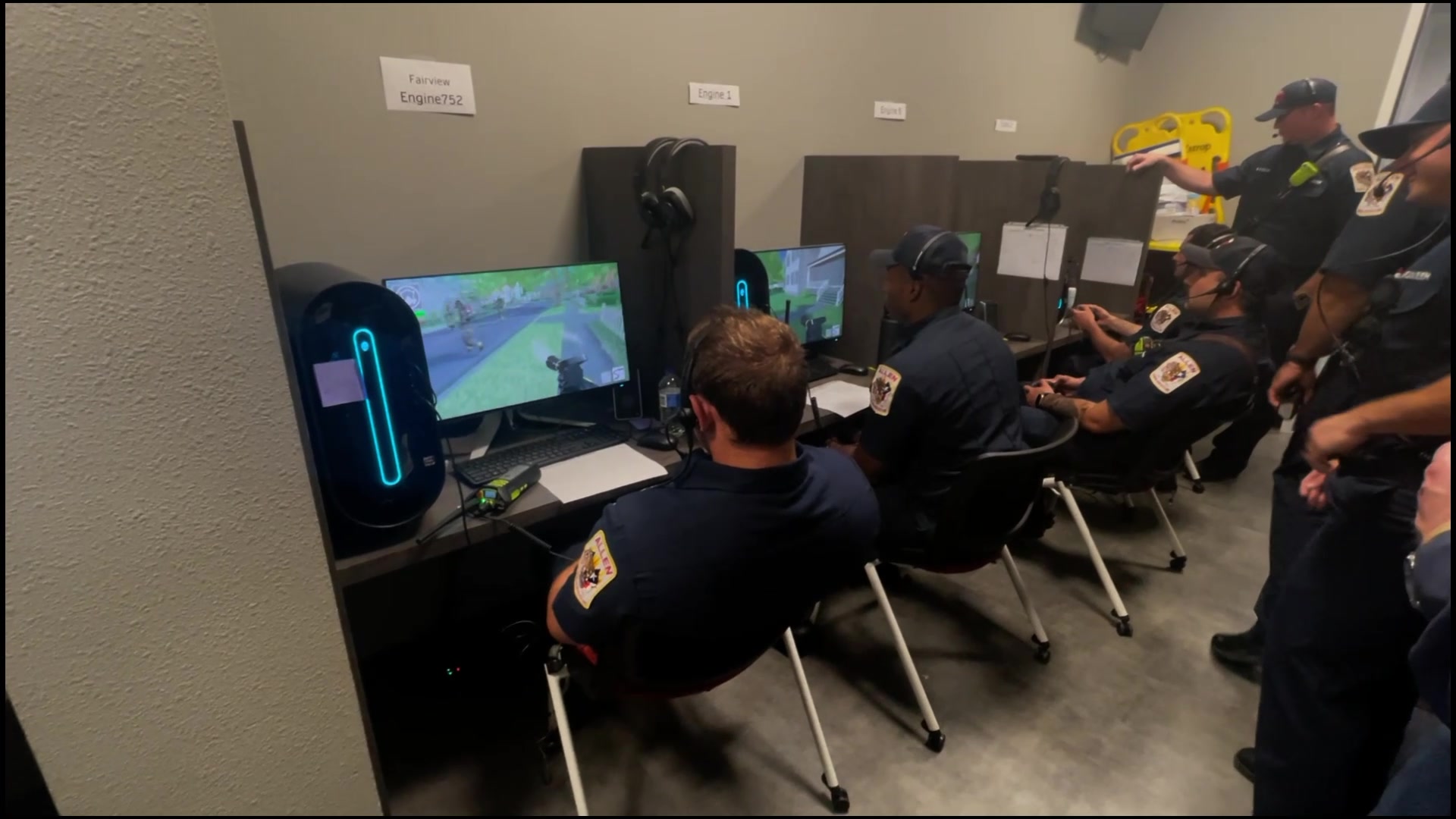 Allen FD firefighters at training workstations during an Aries drill