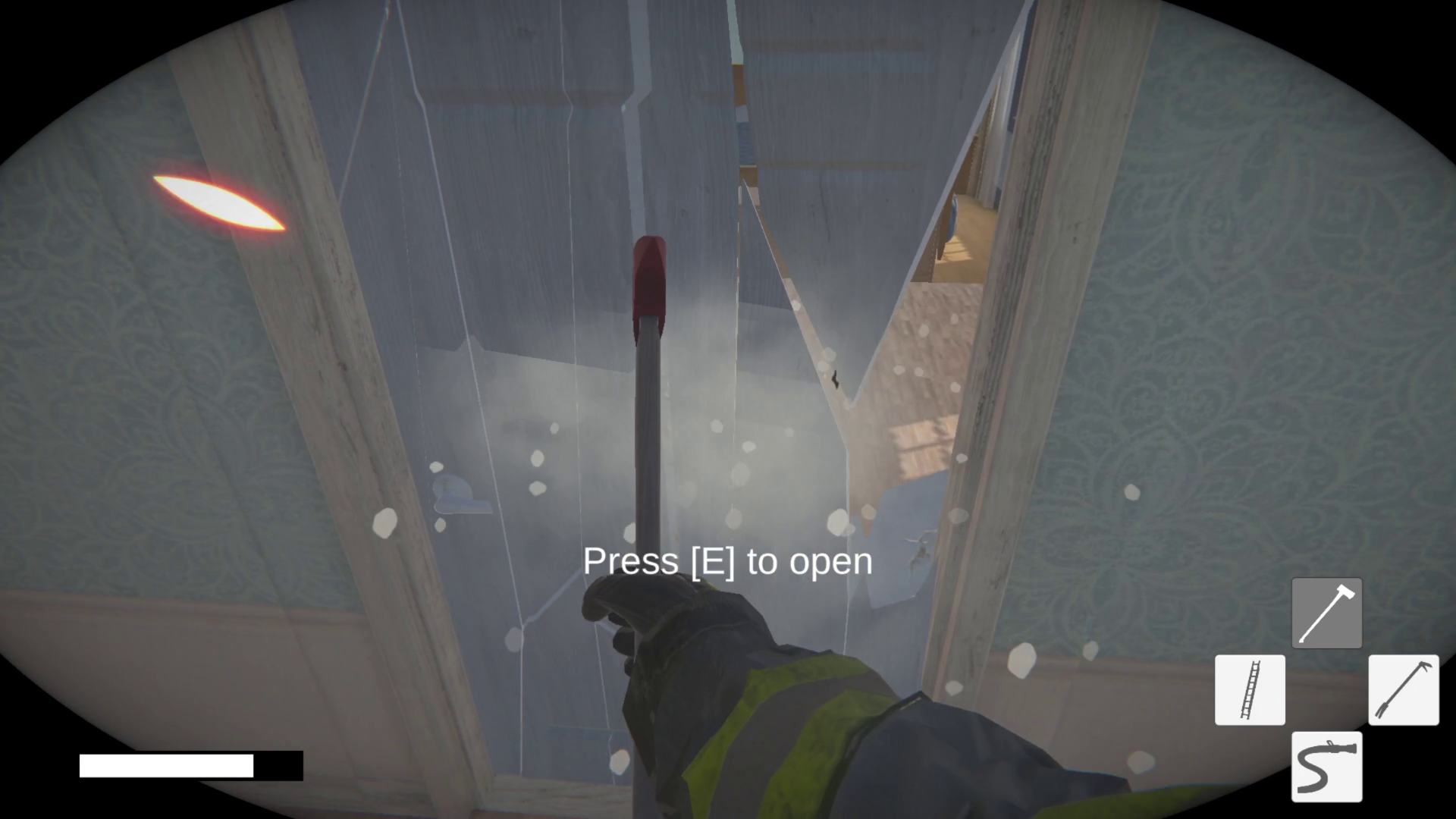 First-person view breaching a door with a pike pole
