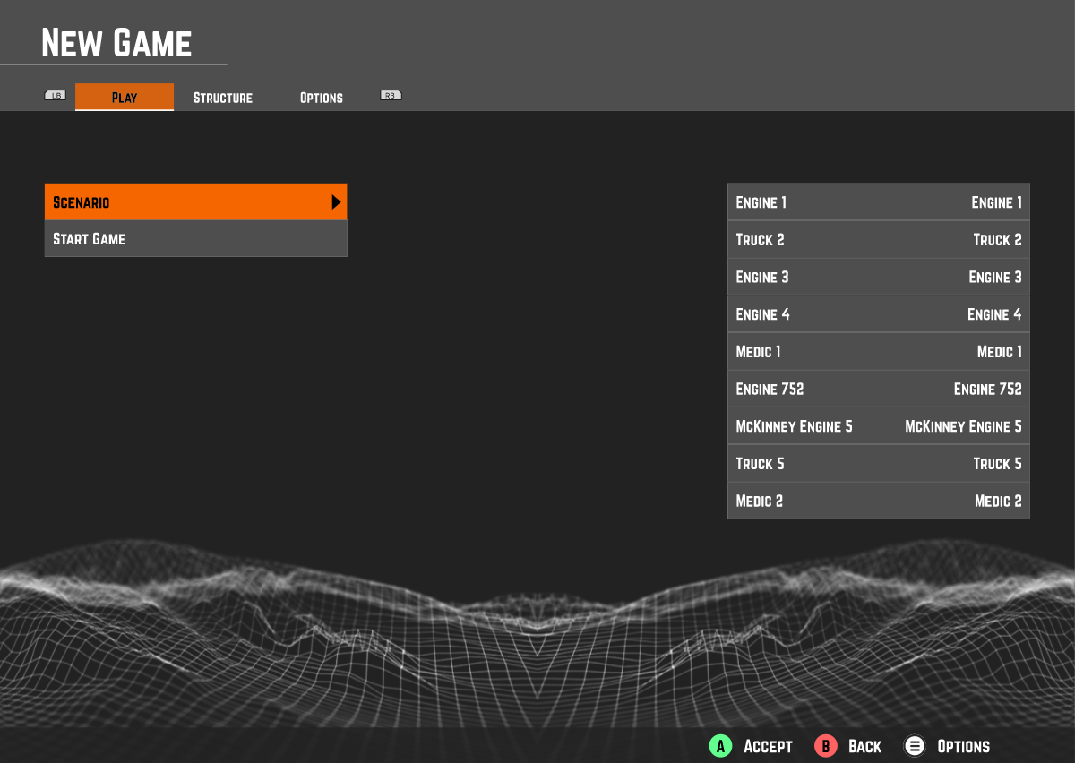 Scenario selection menu with the roster of firefighter units